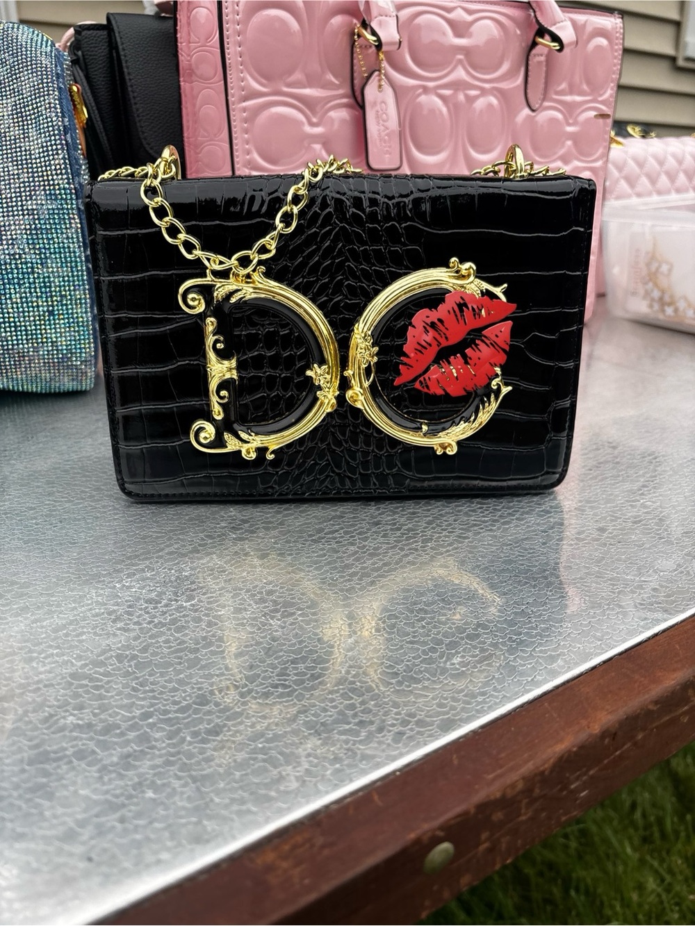 Brand New!! FASHION Emblem Black Croc-Embossed Chain Shoulder Bag